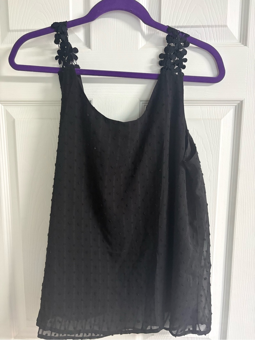 Black Sleeveless Swiss Dot Tank with Floral Strap Detail
